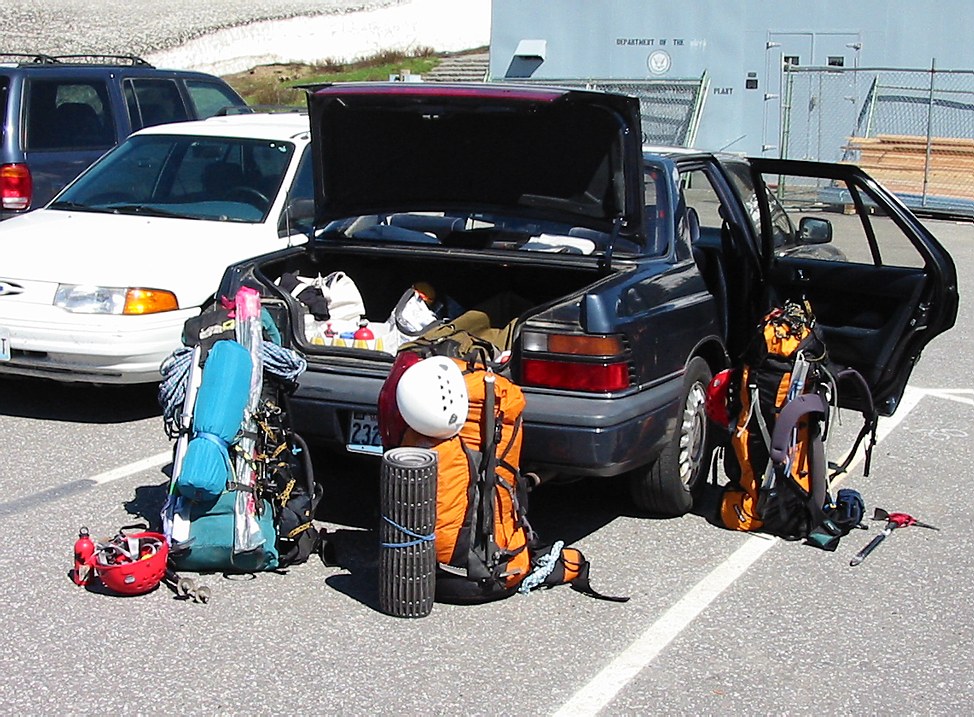 Mount Rainier climb: in the Paradise parking lot, sorting the gear Mount Rainier climb: in the Paradise parking lot, sorting the gear