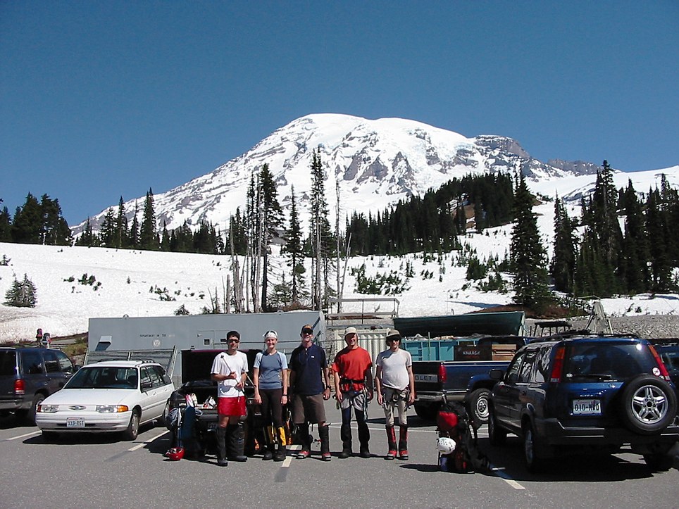 Mount Rainier climb: in the Paradise parking lot, Mount Rainier looming behind Mount Rainier climb: in the Paradise parking lot, Mount Rainier looming behind