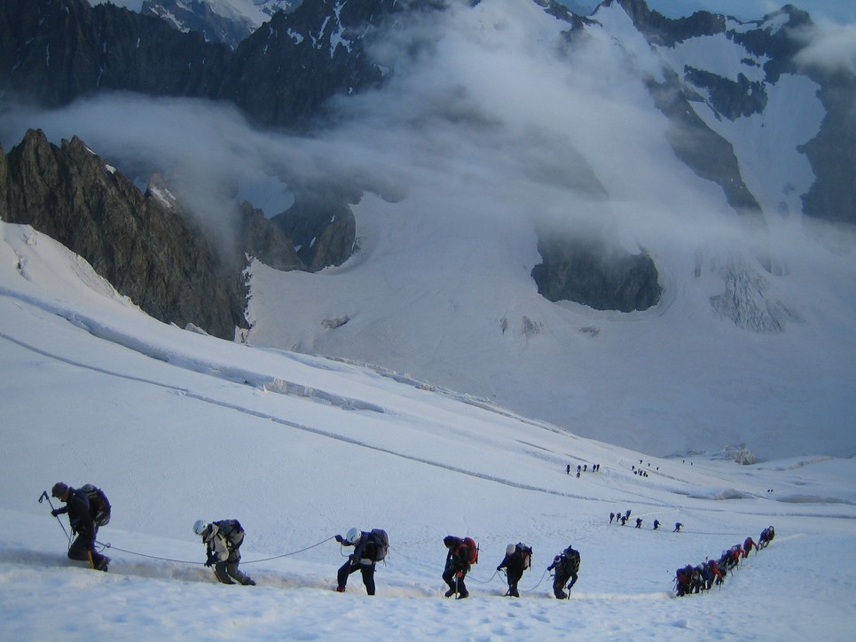Barre des Ecrins: climbers ascending Glacier Blanc toward Breche Lory Barre des Ecrins: climbers ascending Glacier Blanc toward Breche Lory