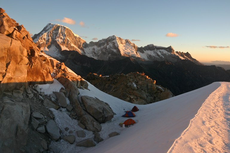 Tocllaraju Glacier Camp: Tocllaraju Glacier Camp at sun set with Ranrapalca (6162 m)