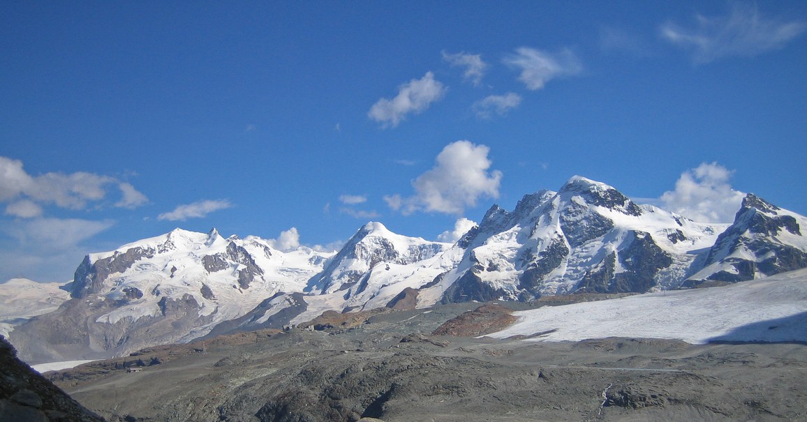 Matterhorn via Hörnli ridge: Monte Rosa group with Dufourspitze, Lyskamm, Breithorn, and Kleines Matterhorn Matterhorn via Hörnli ridge: Monte Rosa group with Dufourspitze, Lyskamm, Breithorn, and Kleines Matterhorn
