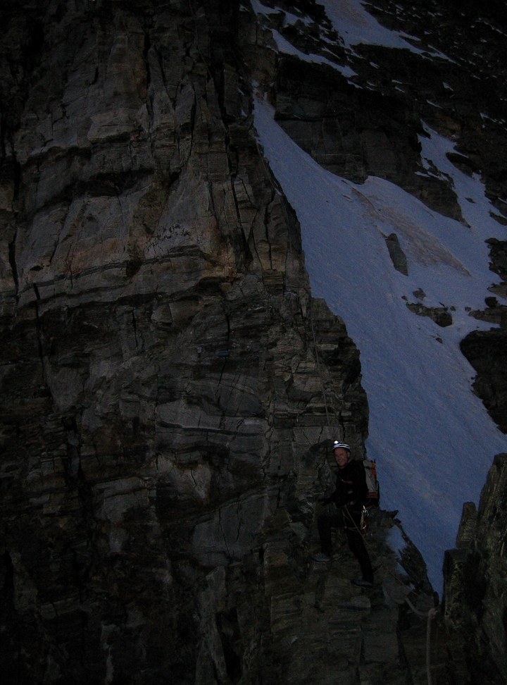 Matterhorn via Hörnli ridge: Peter on the Hörnli ridge leading out at dawn Matterhorn via Hörnli ridge: Peter on the Hörnli ridge leading out at dawn