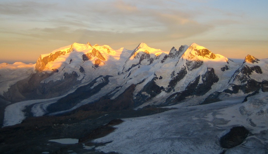 Matterhorn via Hörnli ridge: Monte Rosa group at dusk with Dufourspitze, Lyskamm, Breithorn, and Kleines Matterhorn Matterhorn via Hörnli ridge: Monte Rosa group at dusk with Dufourspitze, Lyskamm, Breithorn, and Kleines Matterhorn