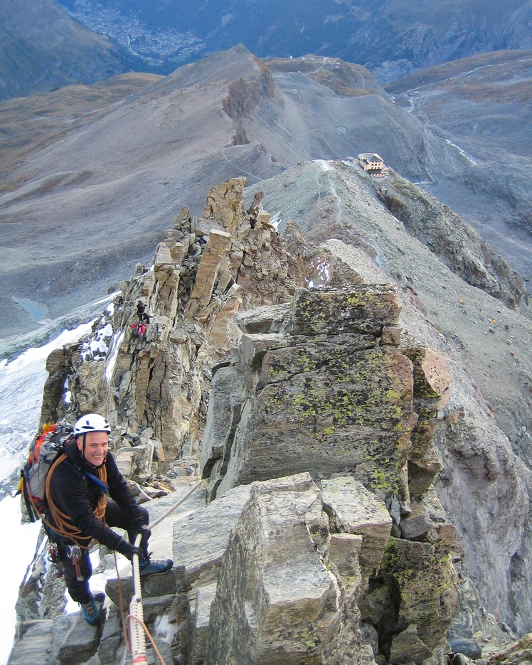 Matterhorn via Hörnli ridge: Peter descending an exposed section of the lower Hörnli ridge after our bivy Matterhorn via Hörnli ridge: Peter descending an exposed section of the lower Hörnli ridge after our bivy