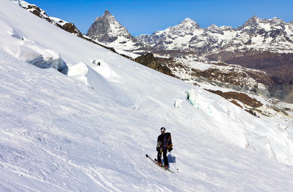 Wilfried in the seracs of the glacier with Matterhorn and Dent Blanche behind (keywords: alpen, alps, berg, berge, dent blanche, leute, matterhorn, obergabelhorn, person, schweiz, switzerland, valais, wallis, wellenkuppe, wilfried, glacier, mountain, mountains, people, serac, seracs, skier, swiss) Wilfried in the seracs of the glacier with Matterhorn and Dent Blanche behind (keywords: alpen, alps, berg, berge, dent blanche, leute, matterhorn, obergabelhorn, person, schweiz, switzerland, valais, wallis, wellenkuppe, wilfried, glacier, mountain, mountains, people, serac, seracs, skier, swiss)